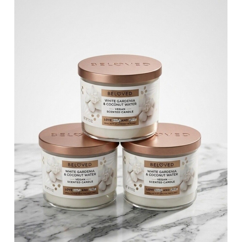 Lot of 3 Beloved White Gardenia & Coconut Water 2-Wick Vegan Candles 11.5oz